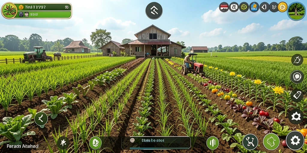 Screenshot menampilkan gameplay seru bercocok tanam dan panen.