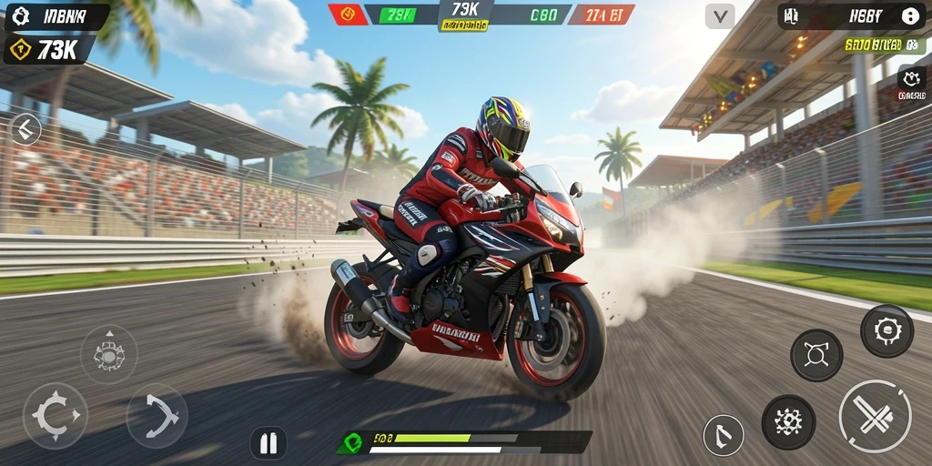 Screenshot utama menunjukkan aksi balap motor yang mendebarkan.