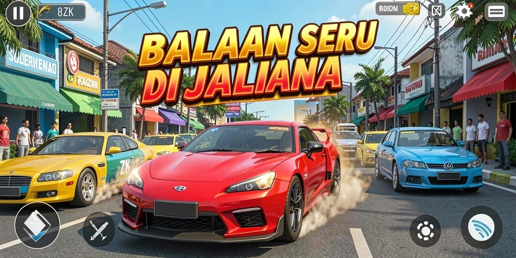Tampilan gameplay menegangkan di 8ZK dengan mobil balap yang melaju cepat.