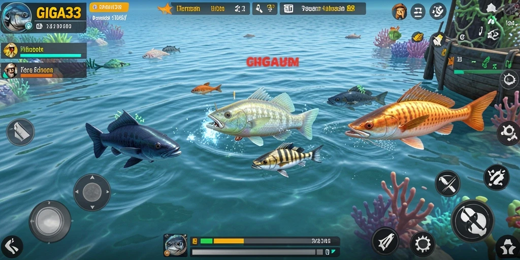 Screenshot utama GIGA33 menampilkan aksi seru dalam menangkap ikan.