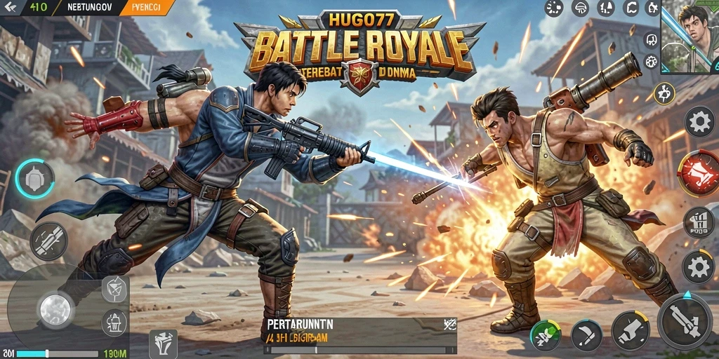 Gameplay intens HUGO77 di arena Battle Royale.