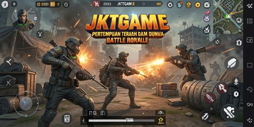 Tampilan layar gameplay JKTGAME yang intens dan penuh aksi Battle Royale.