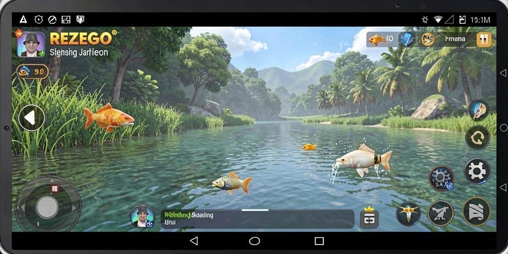 Screenshot gameplay REZEGO yang menampilkan aksi memancing seru.