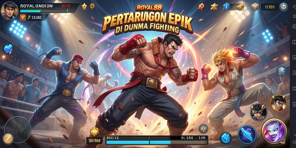 Screenshot gameplay <strong>ROYAL88</strong> menunjukkan karakter bertarung dengan grafis yang memukau.