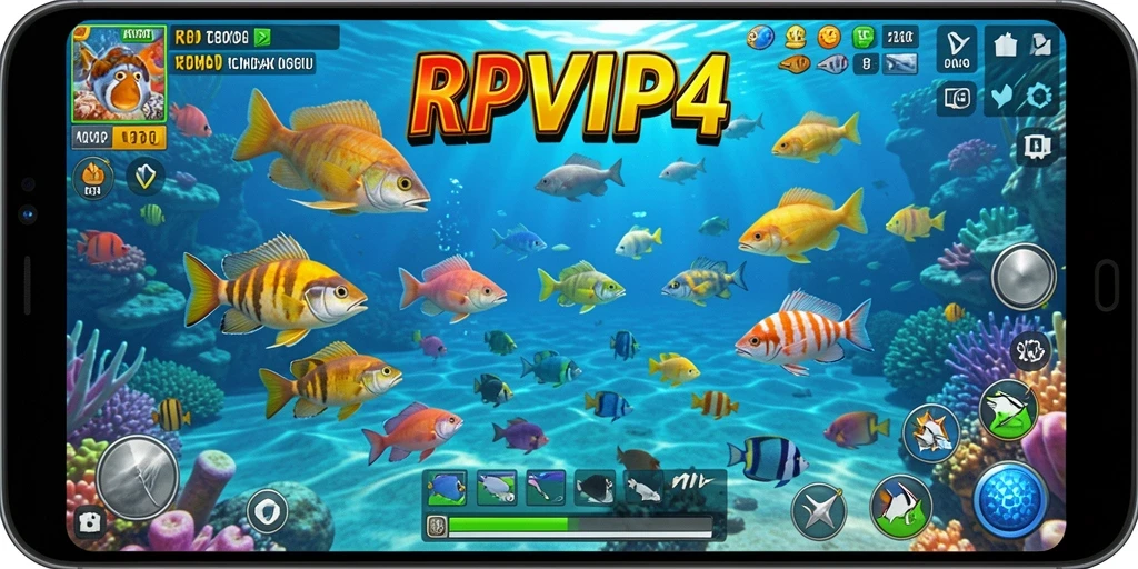Tampilan screenshot RPVIP4 yang menunjukkan aksi menembak ikan.
